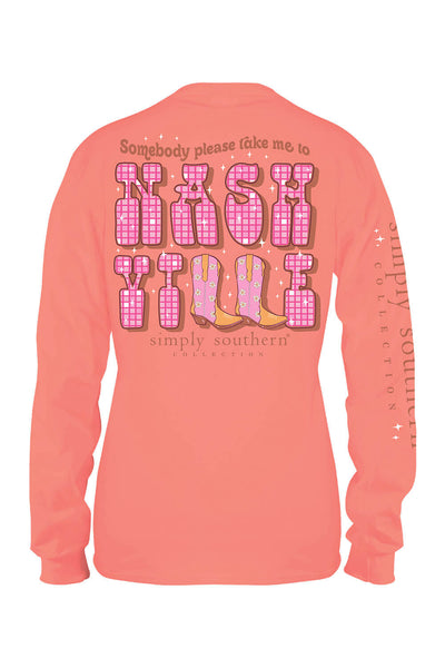 Simply Southern Plus Size Long Sleeve Take Me To Nashville T-Shirt for Women in Peach