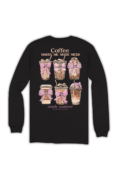 Simply Southern Plus Size Coffee Makes Me Much Nicer Long Sleeve T-shirt for Women in Black