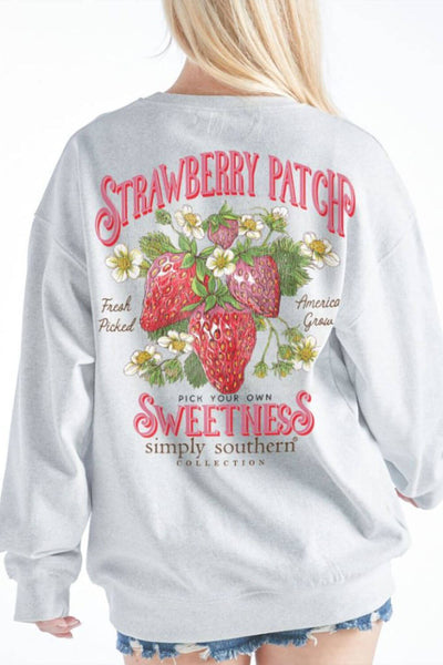 Womens Simply Southern Strawberry Patch Fleece Sweatshirt for Women in Grey