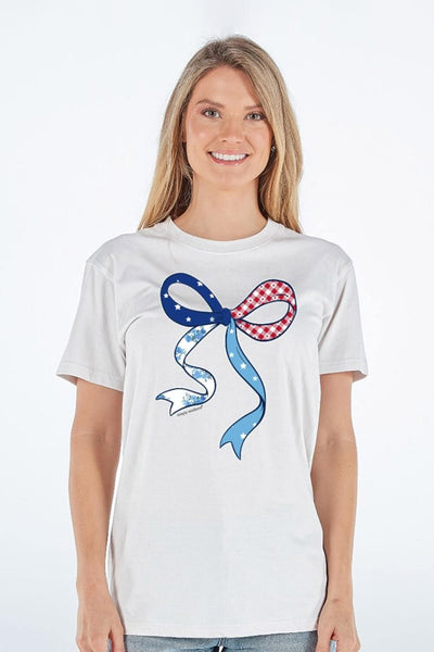 Simply Southern womens shirts Americana Patchwork Bow T-Shirt in Whitewater Grey