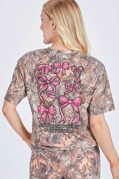 Simply Southern Camo Pink Bow T-Shirt for Women in Brown