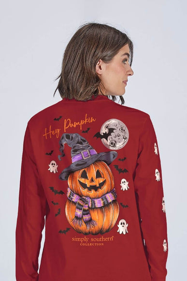 Simply Southern Womens Pumpkin Witch Hat Long Sleeve T-Shirt for Women in Red