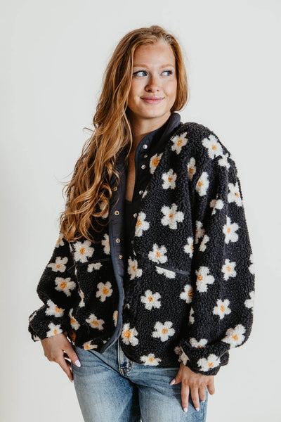 Simply Southern Fuzzy Retro Daisy Jacket with Pockets for Women in Daisy