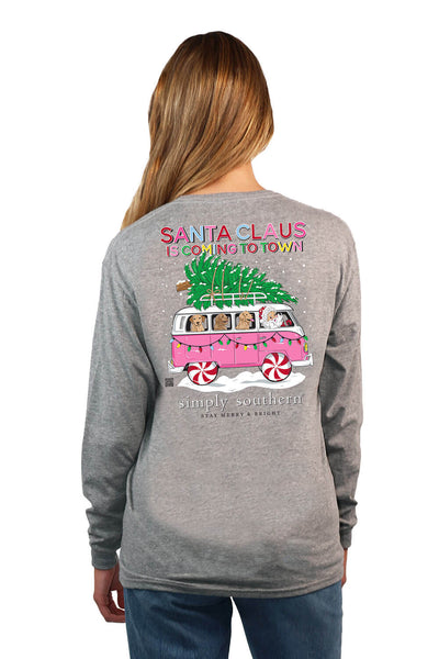 Simply Southern Long Sleeve Santa Bus T-Shirt for Women in Grey