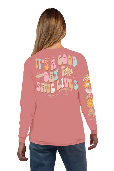 Simply Southern Long Sleeve Save Lives T-Shirt for Women in Rouge