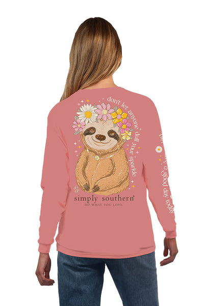 Simply Southern Long Sleeve Sloth Sparkle T-Shirt for Women in Rouge