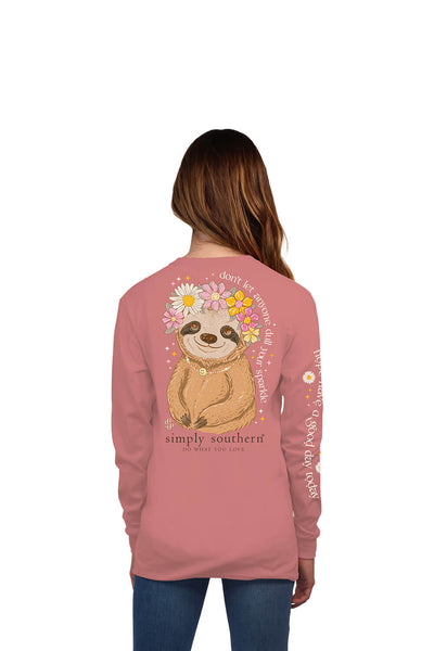 Simply Southern Youth Long Sleeve Sloth Sparkle T-Shirt for Girls in Rouge