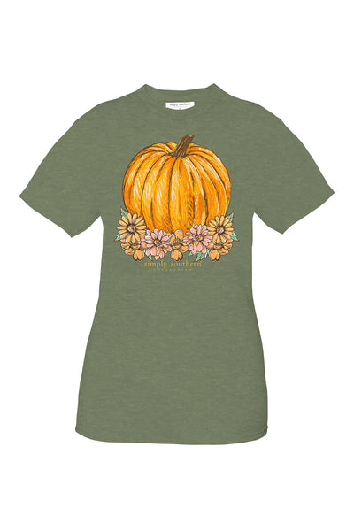 Simply Southern Plus Size Flower Pumpkin T-Shirt for Women in Heather Green