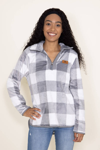 Simply Southern Mock Neck Zip Pullover for Women in Plaid Grey