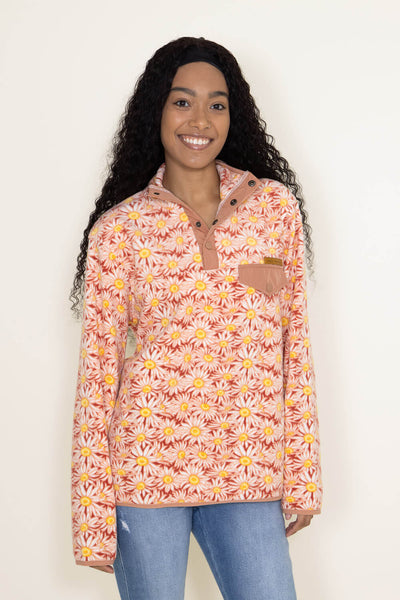 Simply Southern Quarter Snap Fleece Pullover for Women in Orange Flower