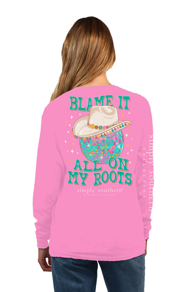 Simply Southern Long Sleeve Blame It On My Roots T-Shirt for Women in Flamingo