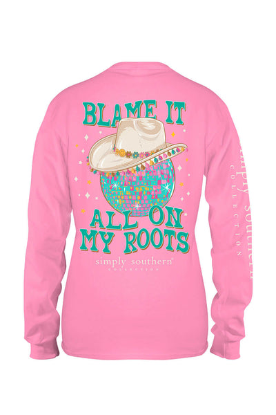 Simply Southern Plus Size Long Sleeve Blame It On My Roots T-Shirt for Women in Flamingo