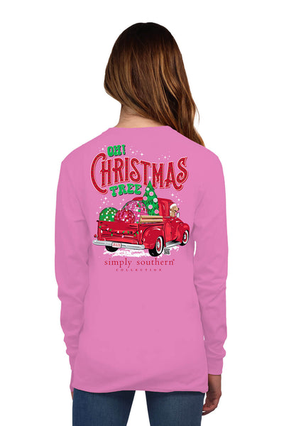 Simply Southern Long Sleeve Oh! Christmas Tree T-Shirt for Women in Pink