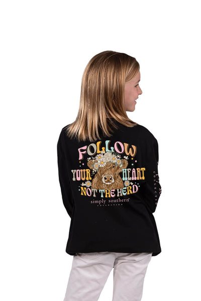Girls Simply Southern Youth Long Sleeve Follow Your Heart T-Shirt for Girls in Black