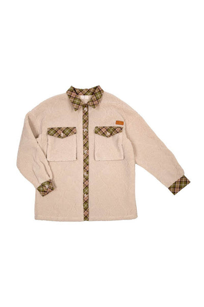 Simply Southern Youth Quilted Plaid Sherpa Shacket for Girls in Cream