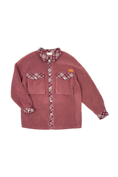 Simply Southern Youth Quilted Plaid Sherpa Shacket for Girls in Rose Pink