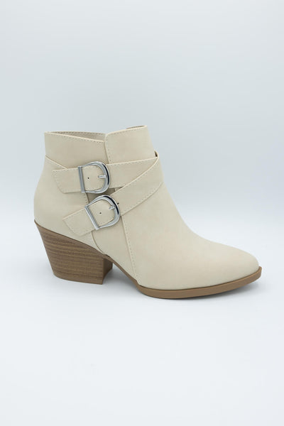 Soda Ponda Buckle Ankle Booties for Women in Beige