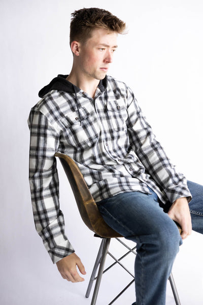 Hooded Plaid Flannel for Men in Ivory Black