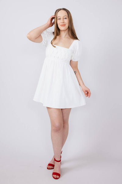 Square Neck Puff Short Sleeve Dress for Women in White