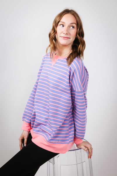 Striped Relaxed French Terry Sweatshirt for Women in Purple/Pink