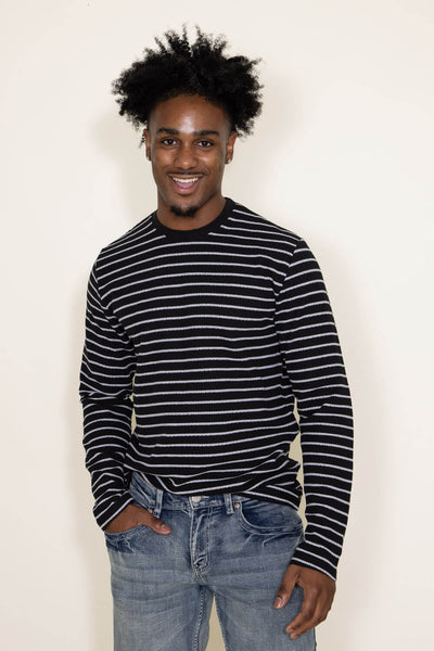 Stripe Thermal Crew Long Sleeve Shirt for Men in Grey/Black