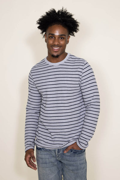 Stripe Thermal Crew Long Sleeve Shirt for Men in Grey/Blue