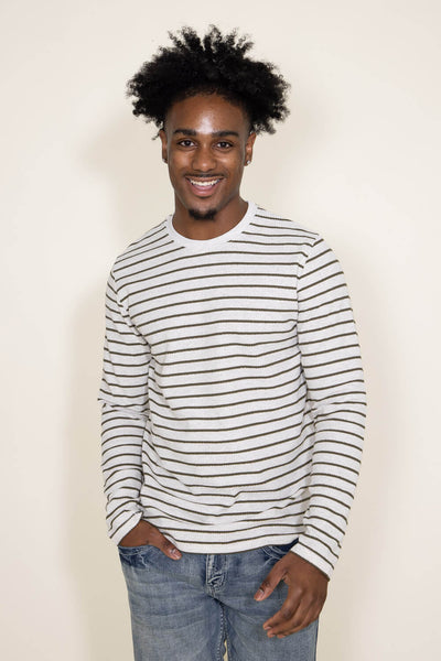 Stripe Thermal Crew Long Sleeve Shirt for Men in Ivory/Green