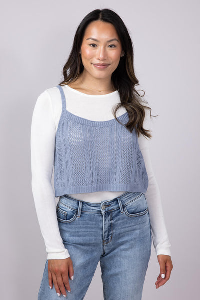 Tank & Long Sleeve Shirt Set for Women in White/Blue