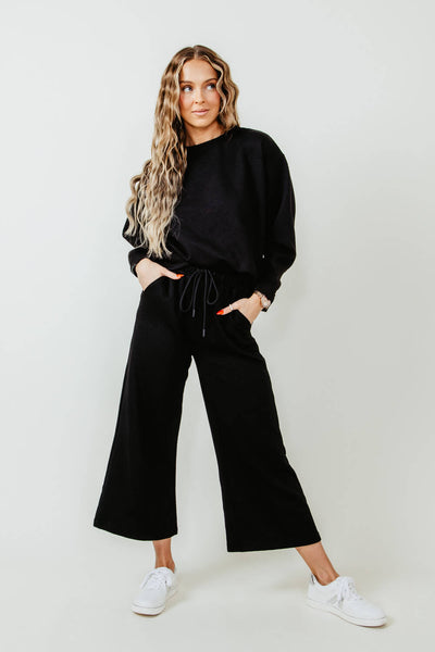 Textured Crew Sweatshirt for Women in Black