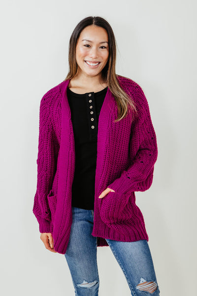 Textured Oversize Knit Sweater Cardigan for Women in Berry Purple
