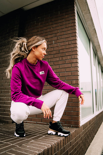 The North Face Heritage Patch Sweatshirt for Women in Boysenberry Red