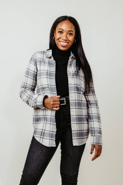 Thread & Supply Cher Button Up Shirt for Women in Cream Grey Plaid