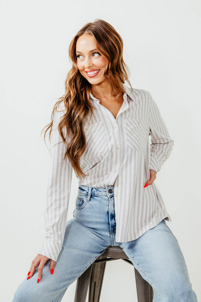 Thread & Supply Lewis Stripe Button Up Shirt for Women in Off White and Pink