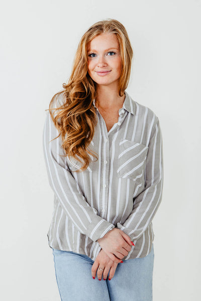 Thread & Supply Myla White Striped Button Up Shirt for Women in White Bay/Leaf