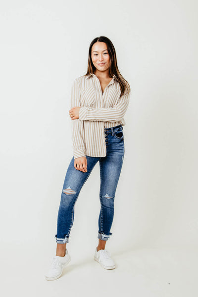 Thread & Supply Lewis Stripe Button Up Shirt for Women in Off White and Beige
