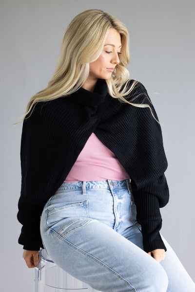 Turtleneck Shrug Bolero Sweater for Women in Black