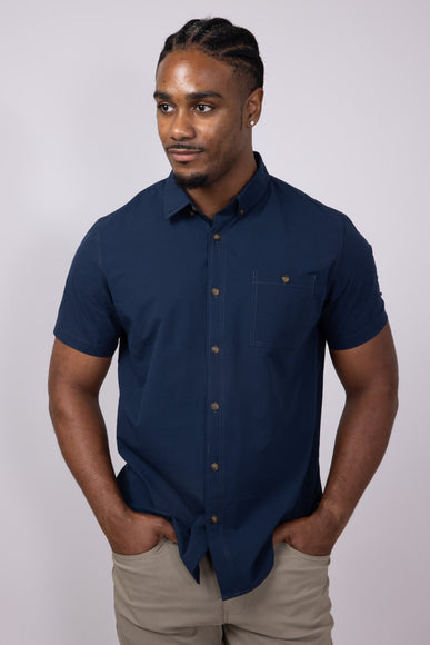 Union Poly Seersucker Button Up Shirt for Men in Navy Blue