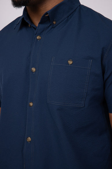 Union Poly Seersucker Button Up Shirt for Men in Navy Blue