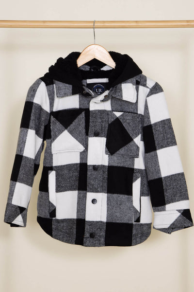 Youth Sherpa Lined Plaid Shacket for Girls in Black/White