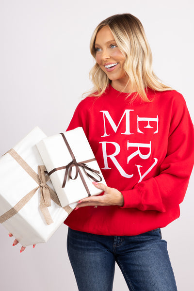 1897 Active Merry Stack Embroidered Fleece Sweatshirt for Women in Red