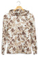 A hooded long-sleeve shirt with an all-over camouflage pattern in beige, brown, and off-white, hanging on a wooden hanger against a plain white background. A small black animal logo is visible on the left chest.
