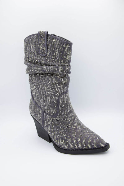 Very G Kady Slouch Rhinestone Cowboy Booties for Women in Grey