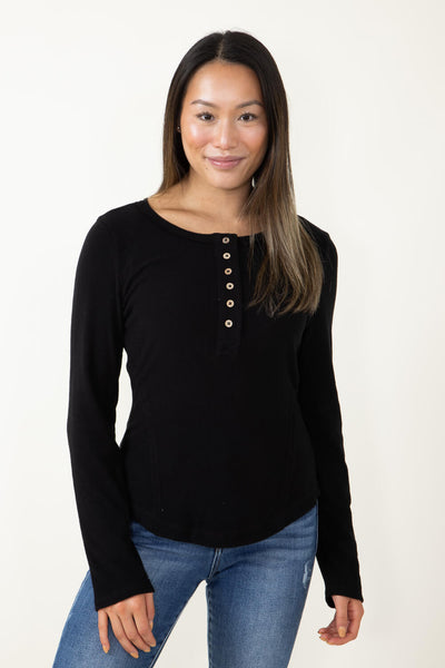 Soft Brushed Henley Knit Top for Women in Black