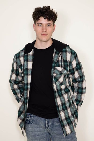 WearFirst Zip Front Flannel Hooded Shirt Jacket for Men in Green