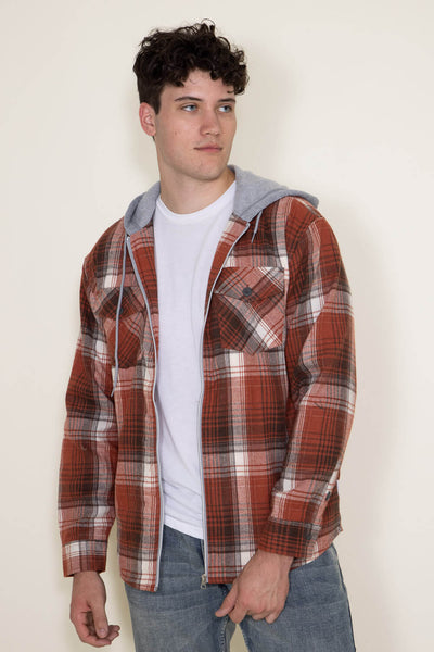 WearFirst Zip Front Flannel Hooded Shirt Jacket for Men in Orange