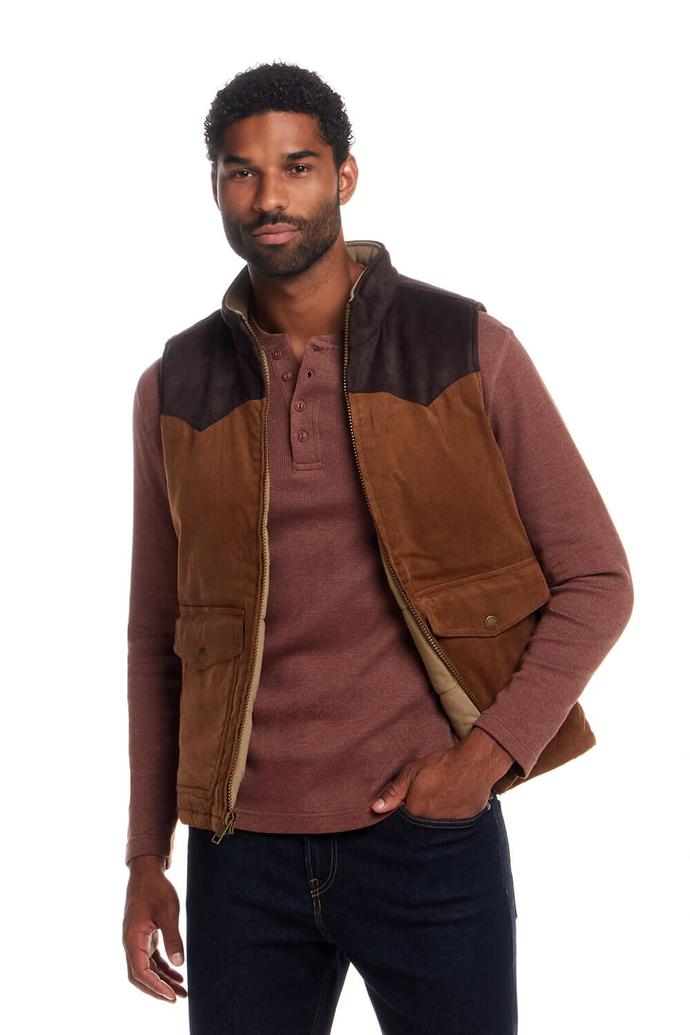Weatherproof Vintage Corduroy and Faux Suede Vest for Men in Brown