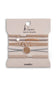 A 5-piece K'lani Wonder hair tie and bracelet set in the 'medium' size, displayed on its original beige backing card. The set includes woven beige and light brown elastic bands, thin metallic rose gold and silver chains, and delicate pearl-bead strands.