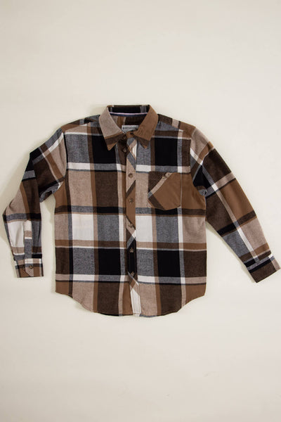 Youth Plaid Button Up Flannel for Boys in Tan
