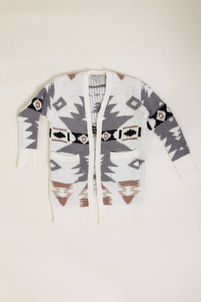 Youth Aztec Open Front Cardigan for Girls in White