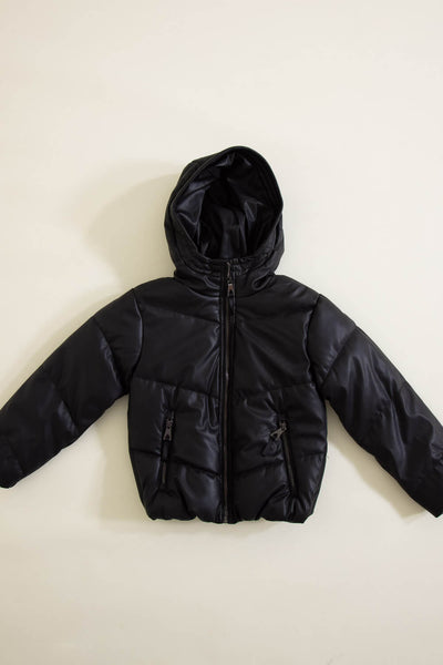 Youth Faux Leather Hooded Puffer Jacket for Girls in Black